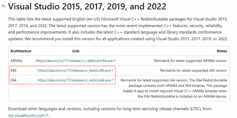 Download Microsoft Visual C++ Redistributable packages
