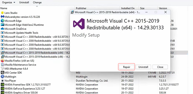 Repair Microsoft Visual C++ Redistributable