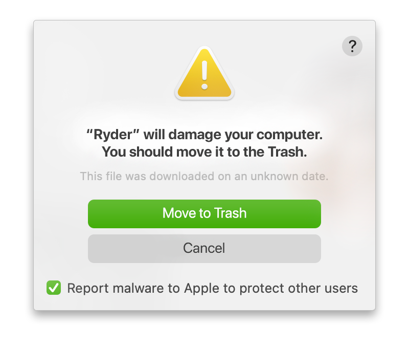 “Ryder will damage your computer” alert on Mac